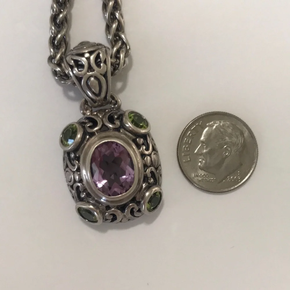 Vintage 925 Italy Amethyst Peridot Filigree Necklace 18
